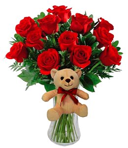 12 Rosas Vermelhas no Vaso e Urso
