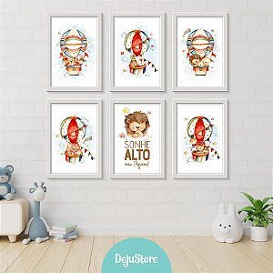 Kit Quadros: Animais Aquarela em Balões e Nuvens