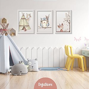 Kit Quadros: Animais na Floresta em Aquarela Boho