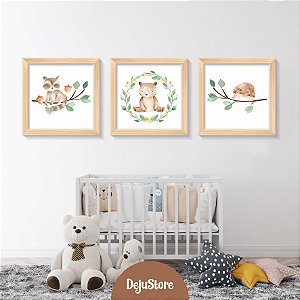 Kit Quadros: Porco Espinho, Guaxinim e Urso em Aquarela