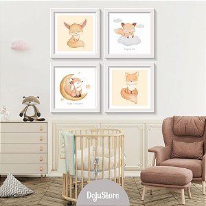 Kit Quadros: Baby Raposa em Aquarela nas Nuvens e Lua