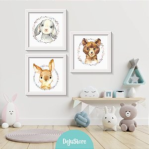 Kit Quadros: Animais Floresta em Aquarela Florido