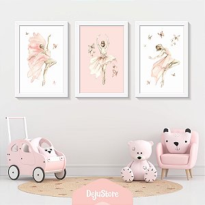 Kit Quadros: Bailarina Rosa com Borboletas em Aquarela