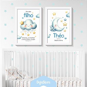 Kit Quadros: Nuvem e Lua Azul em Aquarela com Oração