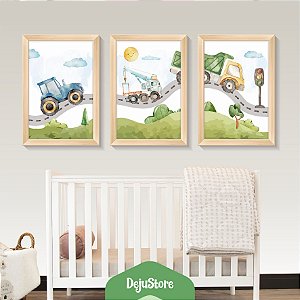 Kit Quadros: Carrinhos em Aquarela (Trator, Basculante, Guincho)