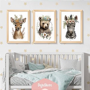 Kit Quadros: Animais Aquarela Floridos 1