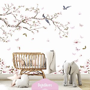 Papel de Parede Floral Cerejeira, Borboletas e Passarinho