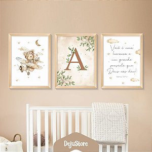 Kit Quadros: Ursinho Aviador em Aquarela com Salmo 127:3