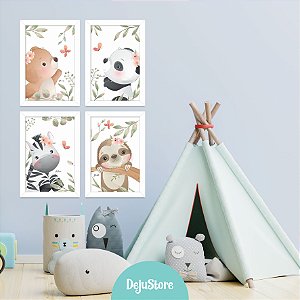 Kit Quadros: Animais Zoo Aquarela (Urso, Panda, Zebra, Bicho Preguiça)
