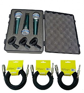 Kit 3 Microfones Profissionais + Cabos Tipo Shure Sm57 Sm58
