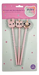 Kit Lápis Preto Com Borracha Fofa My Pet Fofy 3 Unidades Lápis Preto