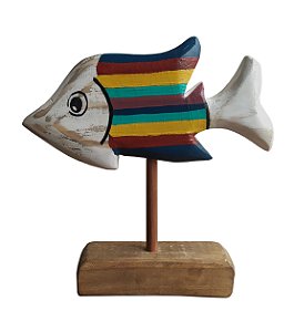 Escultura Peixe Decorativo em Madeira Colorido