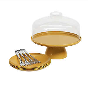 Boleira com pedestal Ø25cm, 4 pratos plásticos de sobremesa e 4 garfos de sobremesa inox - cor Dourado Glitte Coza