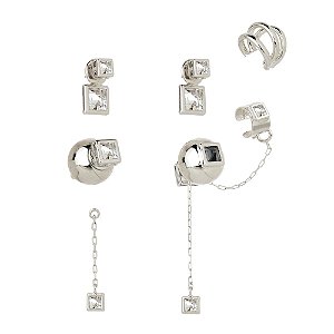 KIT DE BRINCO CÍTRICO COM PIERCING PERFUME DE MULHER PRATA E CRISTAL
