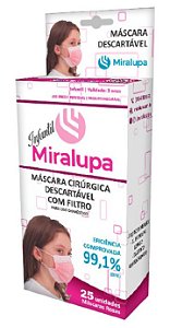 Máscara Infantil Descartável C/ Filtro ROSA - 99% Prot Bacteriana - 25UN - MIRALUPA