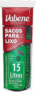 SACO LIXO PRETO SUPER REFORCADO 15L 40UN / ROLO VABENE