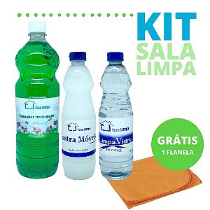 KIT SALA LIMPA CLIMPA - LUSTRA MOVEIS 500 + LIMPA VDROS 500 + LIMPADOR PERFUMADO 1L + BRINDE FLANELA