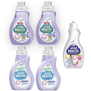 KIT VIDA MACIA: 2UN LAVA ROUPAS 500ML + 2 UN AMACIANTE AMENDOAS 500ML + 1 TIRA MANCHAS 500MLLava roupas vida macia 500ml