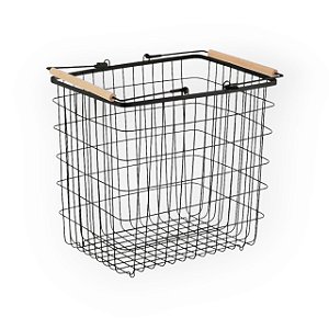 CESTO ARAMADO 47L COM ALCA DE BAMBU PRETO OIKOS