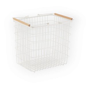 CESTO ARAMADO 47L COM ALCA DE BAMBU BRANCO OIKOS