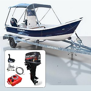 Conjunto Barco de fibra Martinelli Xaréu 550 GT com motor Mercury 30 hp 2 tempos Elétrico+ acessórios de navegação instalados - Preço motor para PJ ou Produtor Rural