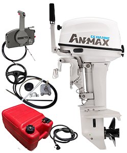 Motor de popa Anmax 20 HP 2T Part. Elétrica Rabeta 15" + Kit Montagem Martinelli Direção e Comando - Preço PJ ou Produtor Rural