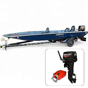 Barco de alumínio Martinelli X-Boat 6.0 Soldado + Mercury 30 HP 2T Partida Elétrica e Manche + Carreta rodoviária - Preço do motor pera PJ ou Produtor Rural