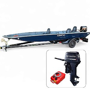 Barco de alumínio Martinelli X-Boat 6.0 Soldado + Tohatsu 50 HP 2T Partida Elétrica e Manche + Carreta rodoviária - Preço do motor para PJ ou Produtor Rural
