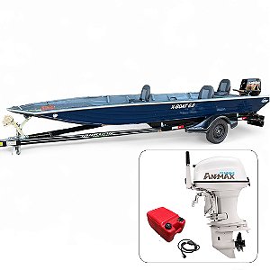 Barco de alumínio Martinelli X-Boat 6.0 Soldado + Anmax 40 HP 2T Partida Elétrica e Manche + Carreta rodoviária - Preço do motor para PJ ou Produtor Rural