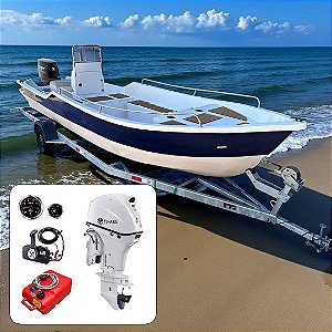 Barco de fibra Martinelli Xaréu 650 GT com Tohatsu 60 hp 4T Branco Power Trim 20"+ Carreta Rodoviária Galvanizada + acessórios de navegação instalados - Preço motor para PJ ou Produtor Rural