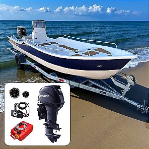 Barco de fibra Martinelli Xaréu 650 GT com Tohatsu 60 hp 4T Azul Power Trim 20"+ Carreta Rodoviária Galvanizada + acessórios de navegação instalados - Preço motor para PJ ou Produtor Rural