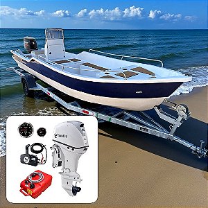 Barco de fibra Martinelli Xaréu 650 GT com Tohatsu 50 hp 4T Branco Power Trim 20"+ Carreta Rodoviária Galvanizada + acessórios de navegação instalados - Preço motor para PJ ou Produtor Rural