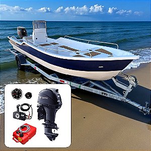 Barco de fibra Martinelli Xaréu 650 GT com Tohatsu 50 hp 4T Azul Power Trim 20"+ Carreta Rodoviária Galvanizada + acessórios de navegação instalados - Preço motor para PJ ou Produtor Rural