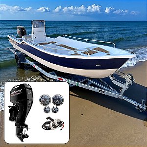 Barco de fibra Martinelli Xaréu 650 GT com Mercury 60 hp 4T Power Trim 20"+ Carreta Rodoviária Galvanizada + acessórios de navegação instalados - Preço motor para PJ ou Produtor Rural