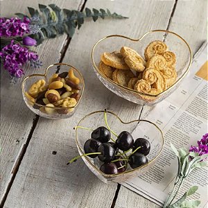 Bowl De Vidro Com Borda Dourada Heart 15x14x6cm - Wolff
