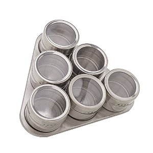 Jogo De Porta Temperos Com 6 Potes 80ml Em Aço Inox E Tampa Acrílica Com Suporte Imantado - Lyor