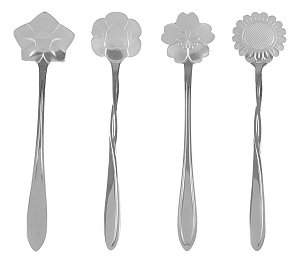 Conjunto 4 Colheres De Chá De Aço Inox Flores Prata