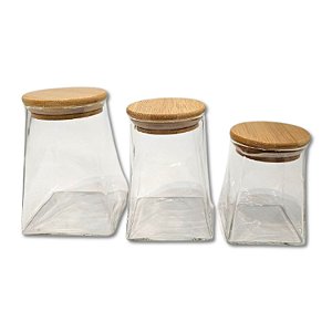 Kit 3 Porta Mantimentos Potes De Vidro Com Tampa De Bambu – 350ml, 500ml E 750ml - Wolff