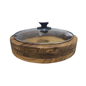 Gamela Redonda Com Borda Alta Em Madeira Teca E Tampa De Vidro - Le Requena