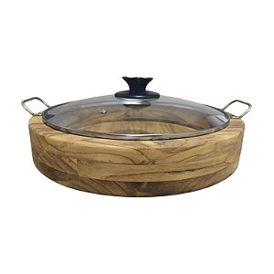 Gamela Redonda Com Borda Alta Em Madeira Teca, Alças Para Servir E Tampa De Vidro - Le Requena