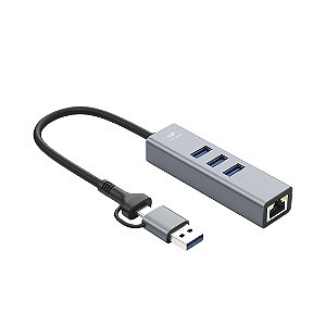 Hub Adaptador USB-C e USB 3.0 com Rede RJ45 Gigabit HU-LAN1000GY Cinza - C3Tech