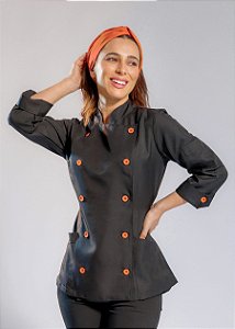 Camisa Feminina Chefe Cozinha - Dolman Stilus - Gabardine Italiano Cor- Preta Com Botões Laranja - Uniblu