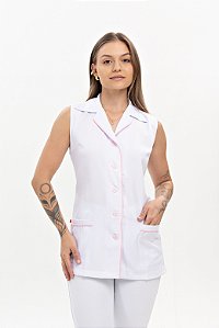 Jaleco Professora Feminino Sem Manga - Detalhes Viés Rosa Bebê - Uniblu