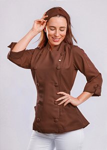 Camisa Feminina Chefe Cozinha - Dolman Queen cor- Chocolate - Botões Forrados - Uniblu - Personalizado