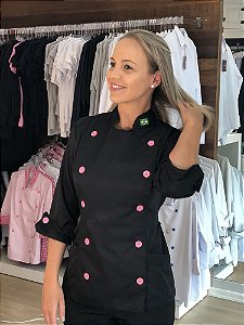 Camisa Feminina Chefe Cozinha - Dolman Stilus - Preta Com Botões Rosa Claro - Uniblu - Personalizado