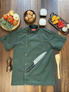 Camisa Masculina Chefe Cozinha - Dolman Farda Manga Curta - Verde Musgo - Uniblu