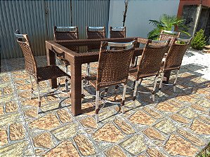 Conjunto de mesa de jantar com 8 cadeiras em fibra sintética