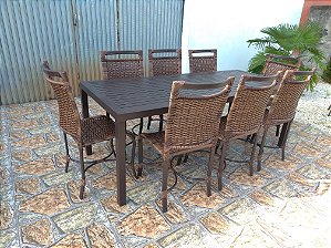 Conjunto de mesa de jantar com 8 cadeiras em fibra sintética