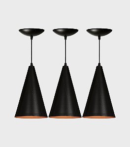 Kit com 3 Luminárias Pendente Cone Preto Fosco / Cobre