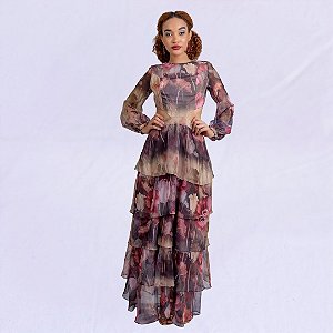 VESTIDO LONGO BABADOS MANGA CLARA